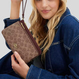 COACH Double Zip Wallet In Signature Canvas Tan/Brown CX161