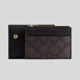COACH Card Holder Wallet In Signature Canvas Walnut/Black CZ034