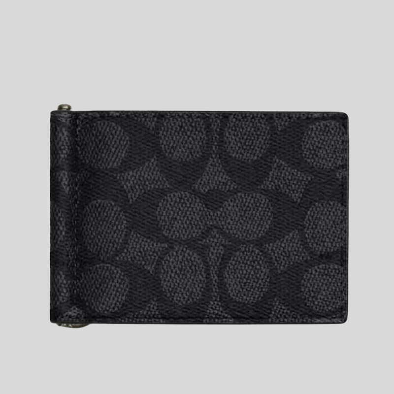 COACH Slim Money Clip Billfold Wallet In Signature Canvas Charcoal/Black CY059