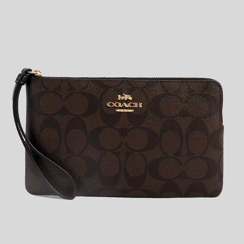 COACH Large Corner Zip Wristlet In Signature Canvas Brown/Black CS438