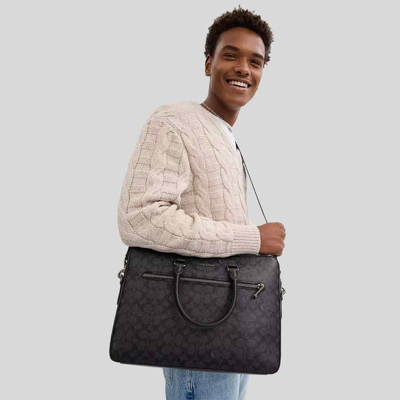 COACH Ethan Slim Brief In Signature Canvas Charcoal/Black CV917