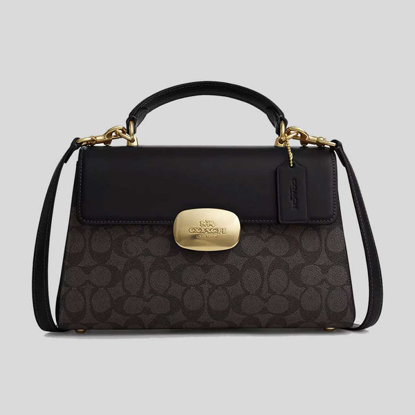 COACH Eliza Top Handle Bag In Signature Canvas Walnut/Black CW012