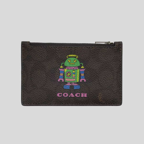 COACH Cosmic Coach Zip Card Case With Robot Print Walnut Multi CW223