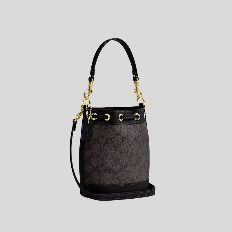 COACH Mini Bucket Bag In Signature Canvas Walnut/Black CW299