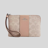 COACH Corner Zip Wristlet In Signature Canvas With Stripe Sand/Taupe CW854