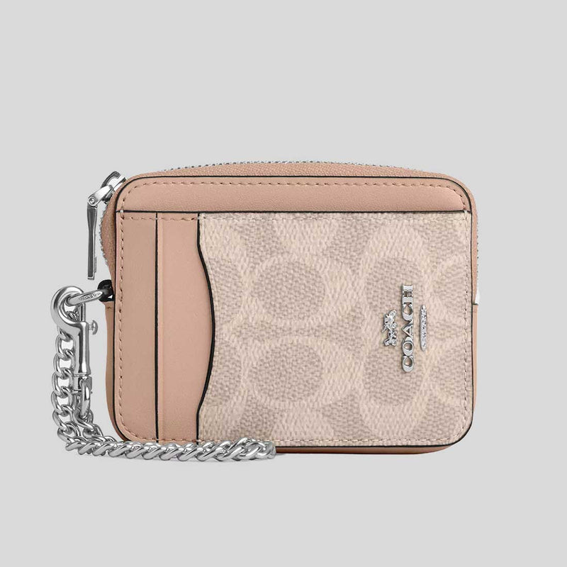 COACH Zip Card Case In Signature Canvas Sand/Taupe CW883