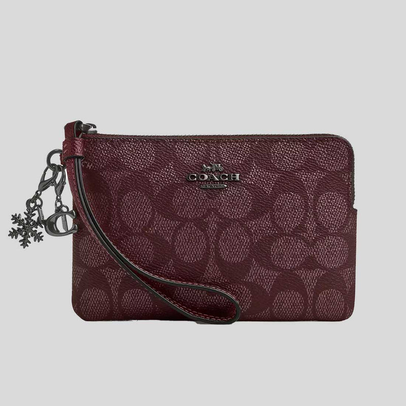 COACH Boxed Corner Zip Wristlet In Signature Canvas With Charms Wine Multi CW958