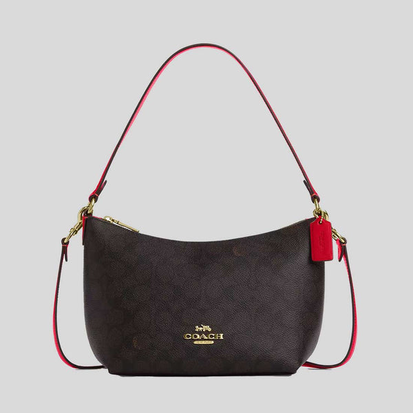 COACH Zip Top Shoulder Bag In Signature Canvas Walnut/Bold Red CX610