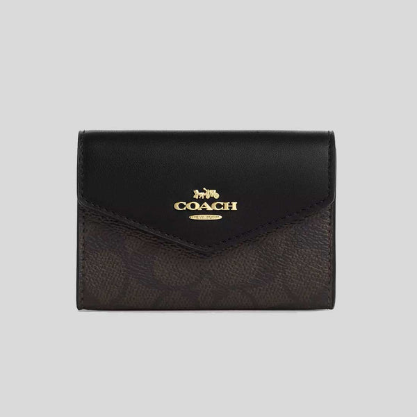 COACH Flap Card Case In Signature Canvas Walnut/Black CZ272