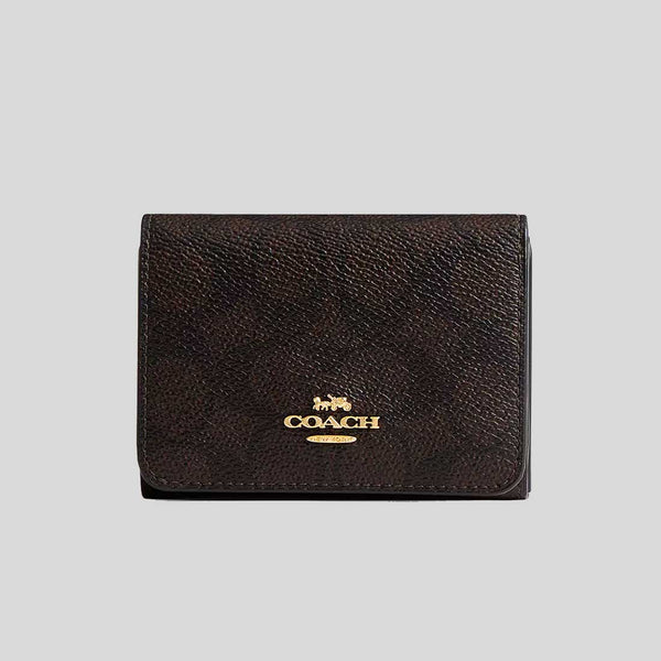 COACH Card Holder Wallet In Blocked Signature Canvas Walnut/Tan CZ446