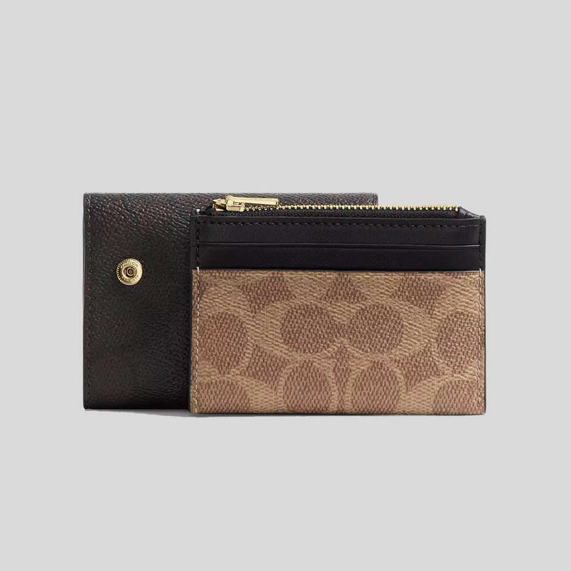 COACH Card Holder Wallet In Blocked Signature Canvas Walnut/Tan CZ446