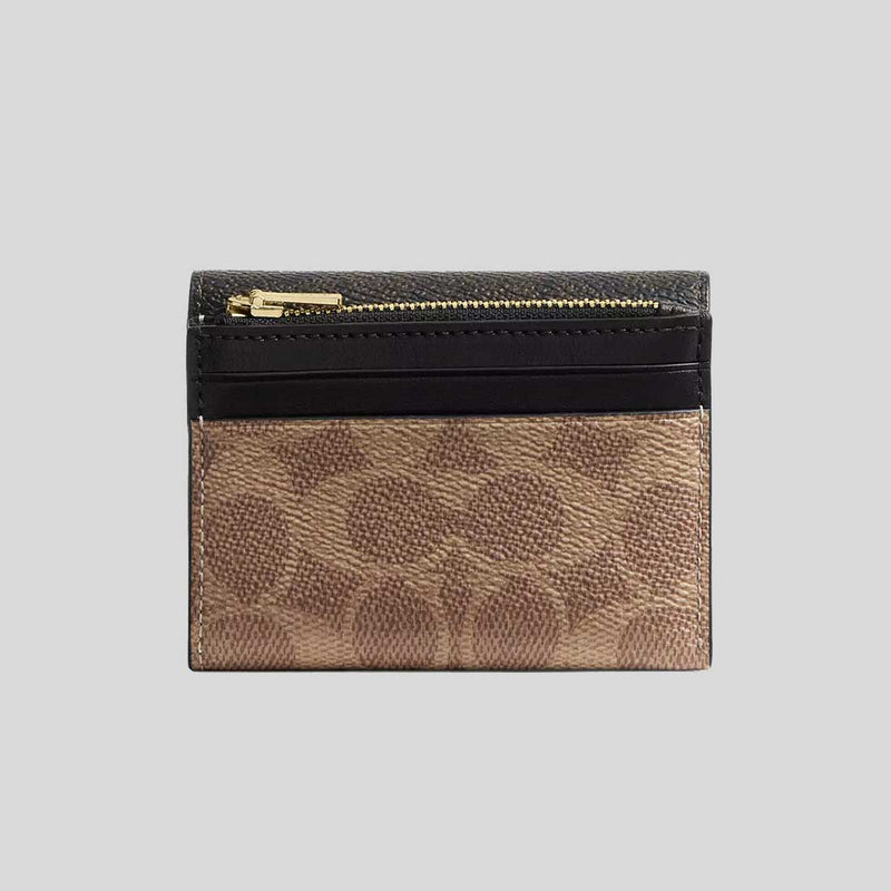COACH Card Holder Wallet In Blocked Signature Canvas Walnut/Tan CZ446