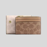 COACH Card Holder Wallet In Blocked Signature Canvas Sand/Tan CZ446