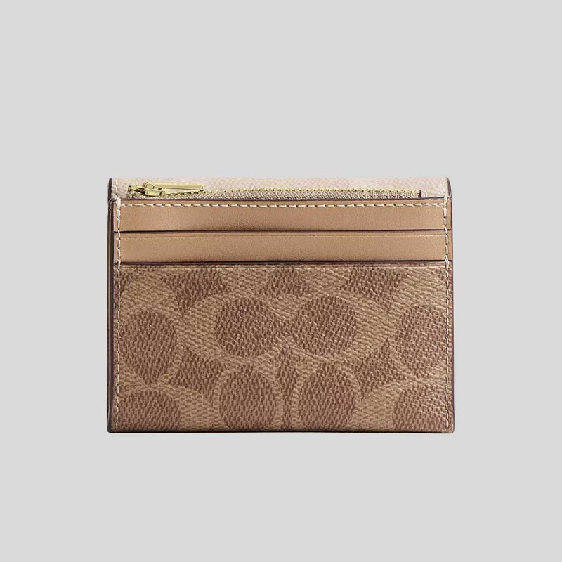COACH Card Holder Wallet In Blocked Signature Canvas Sand/Tan CZ446