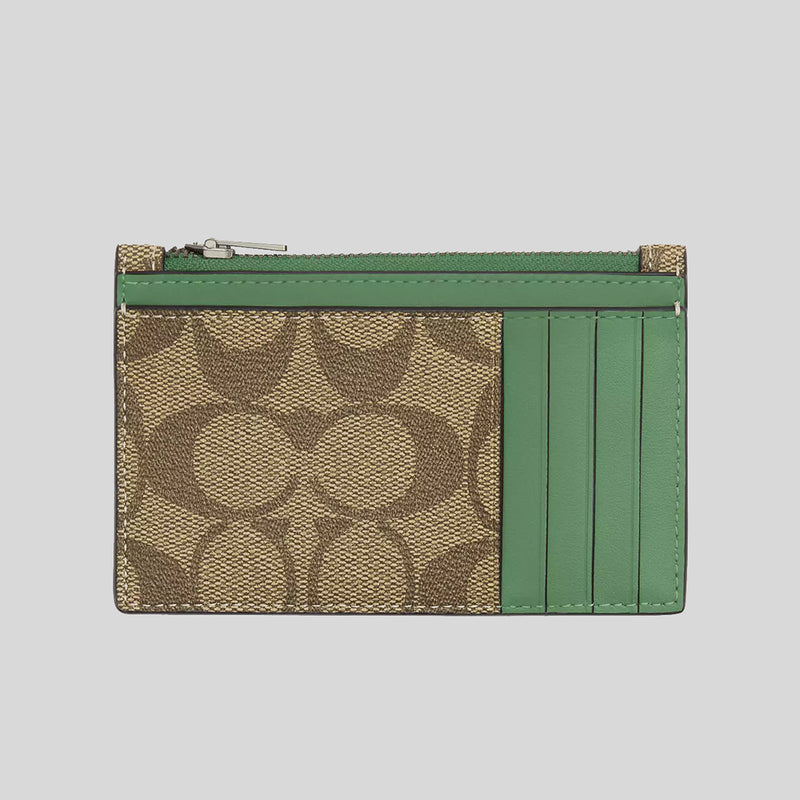 COACH Zip Card Case In Signature Canvas Khaki/Soft Green C4281