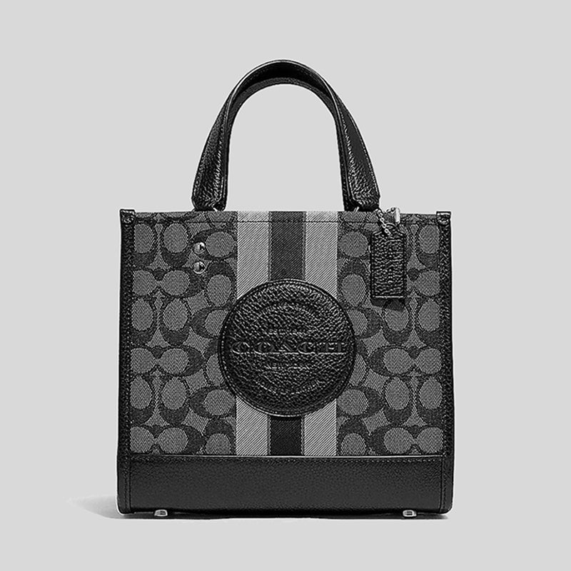 Coach Dempsey Tote 22 In Signature Jacquard With Stripe And Coach Patch Smoke Black Multi C8417