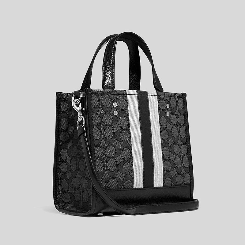 Coach Dempsey Tote 22 In Signature Jacquard With Stripe And Coach Patch Smoke Black Multi C8417