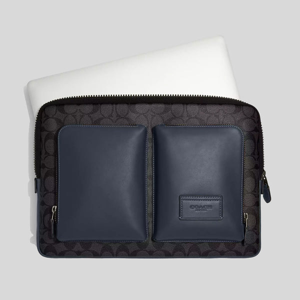 COACH Utility Laptop Case In Colorblock Signature Canvas Gunmetal/Charcoal/Denim CE701