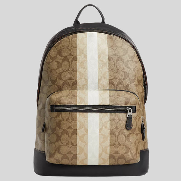 COACH West Backpack In Blocked Signature Canvas With Varsity Stripe Khaki Multi CQ629