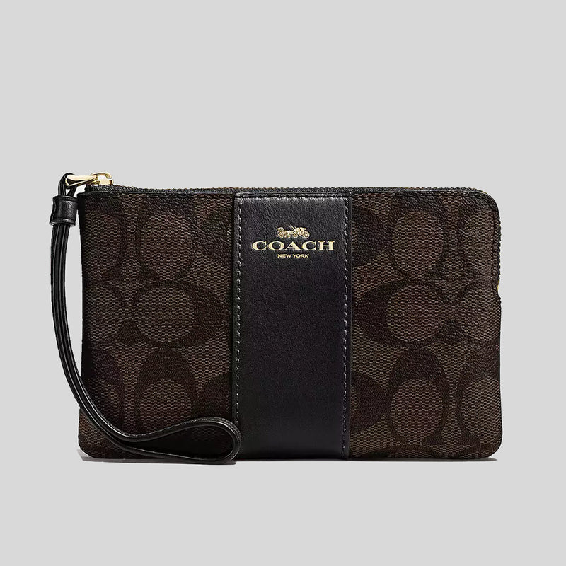 COACH Corner Zip Wristlet In Signature Canvas Brown Black CS602