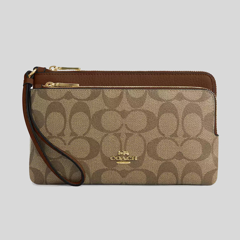 COACH Double Zip Wallet In Signature Canvas Khaki/Saddle CU920