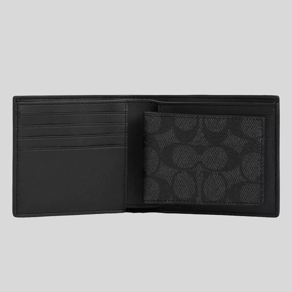 COACH Men's 3 In 1 Wallet In Signature Canvas Charcoal/Black CW380