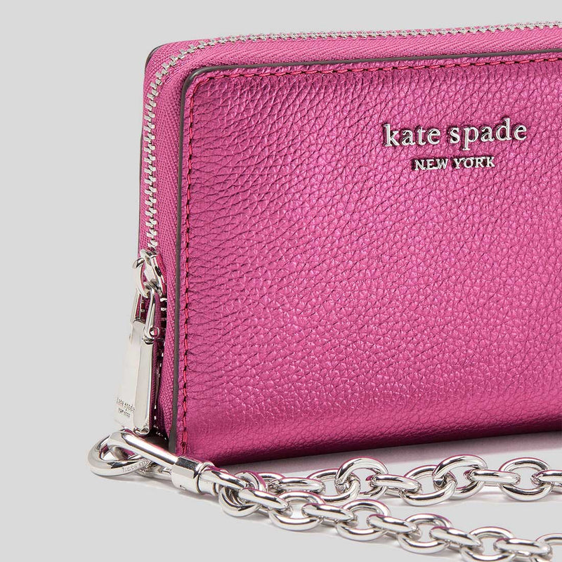 KATE SPADE Natasha Metallic Pebbled Leather Chain Compact Wristlet Bikini Pink KI722