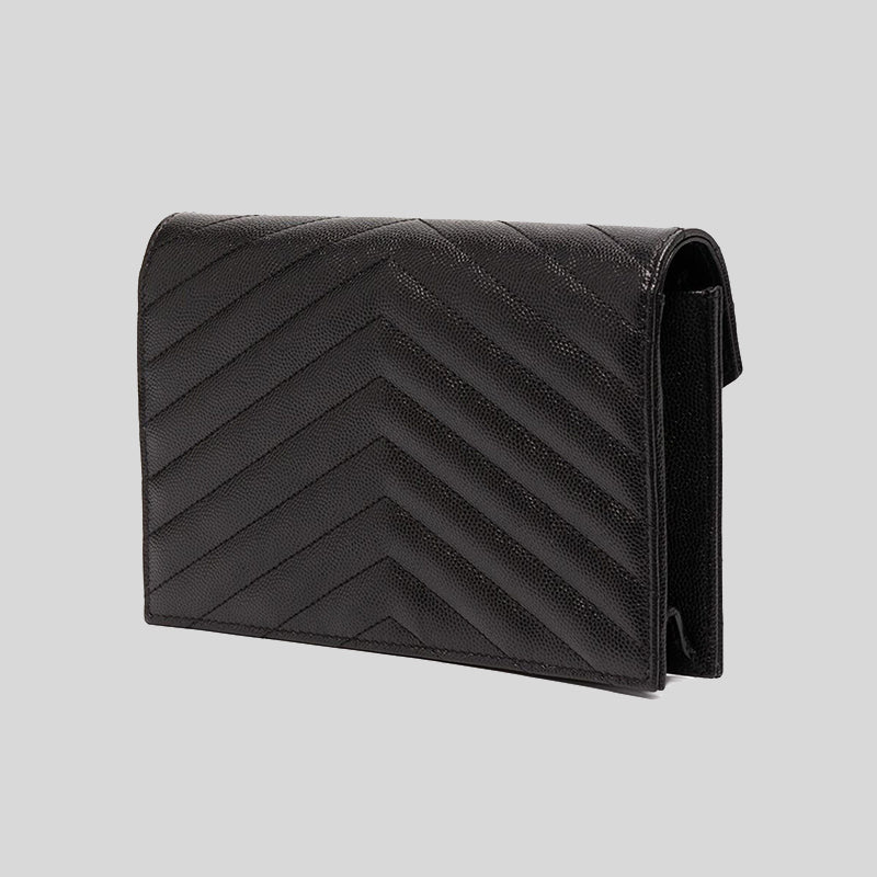 SAINT LAURENT YSL Matelasse Envelope Chain Wallet In Grain De Poudre Embossed Leather Black 742920BOW01