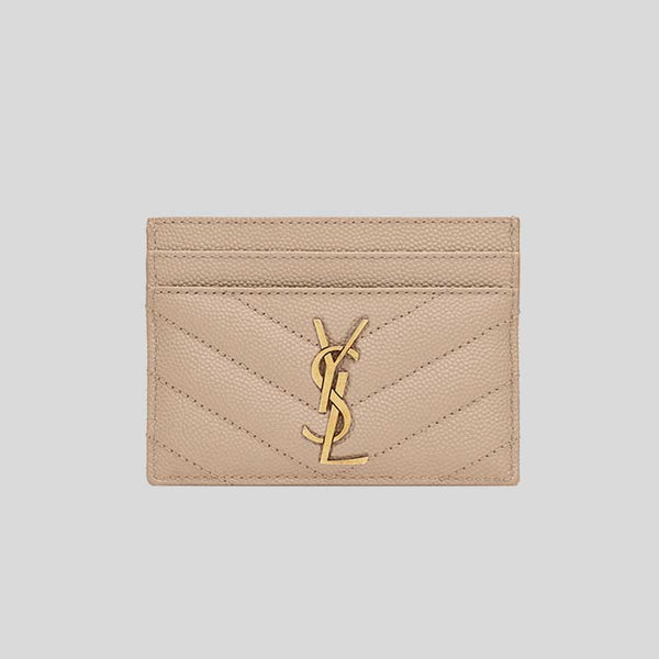 SAINT LAURENT YSL Cassandre Matelasse Card Case In Grain De Poudre Embossed Leather Dark Beige 423291