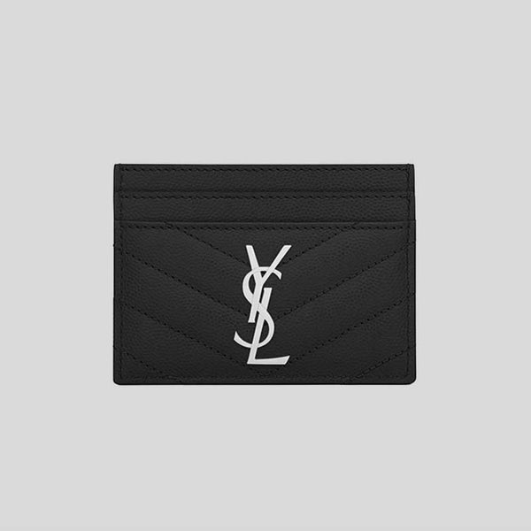 SAINT LAURENT YSL Cassandre Matelasse Card Case In Grain De Poudre Embossed Leather Black/Silver 423291