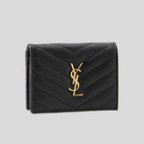 SAINT LAURENT YSL Cassandre Matelasse Flap Card Case Wallet In Grain De Poudre Embossed Leather Black/Gold 668290BOWA1