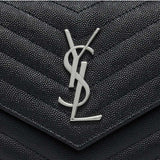 SAINT LAURENT YSL Matelasse Envelope Chain Wallet In Grain De Poudre Embossed Leather Black/Silver 742920BOW02