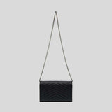 SAINT LAURENT YSL Matelasse Envelope Chain Wallet In Grain De Poudre Embossed Leather Black/Silver 742920BOW02