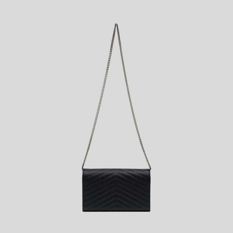 SAINT LAURENT YSL Matelasse Envelope Chain Wallet In Grain De Poudre Embossed Leather Black/Silver 742920BOW02